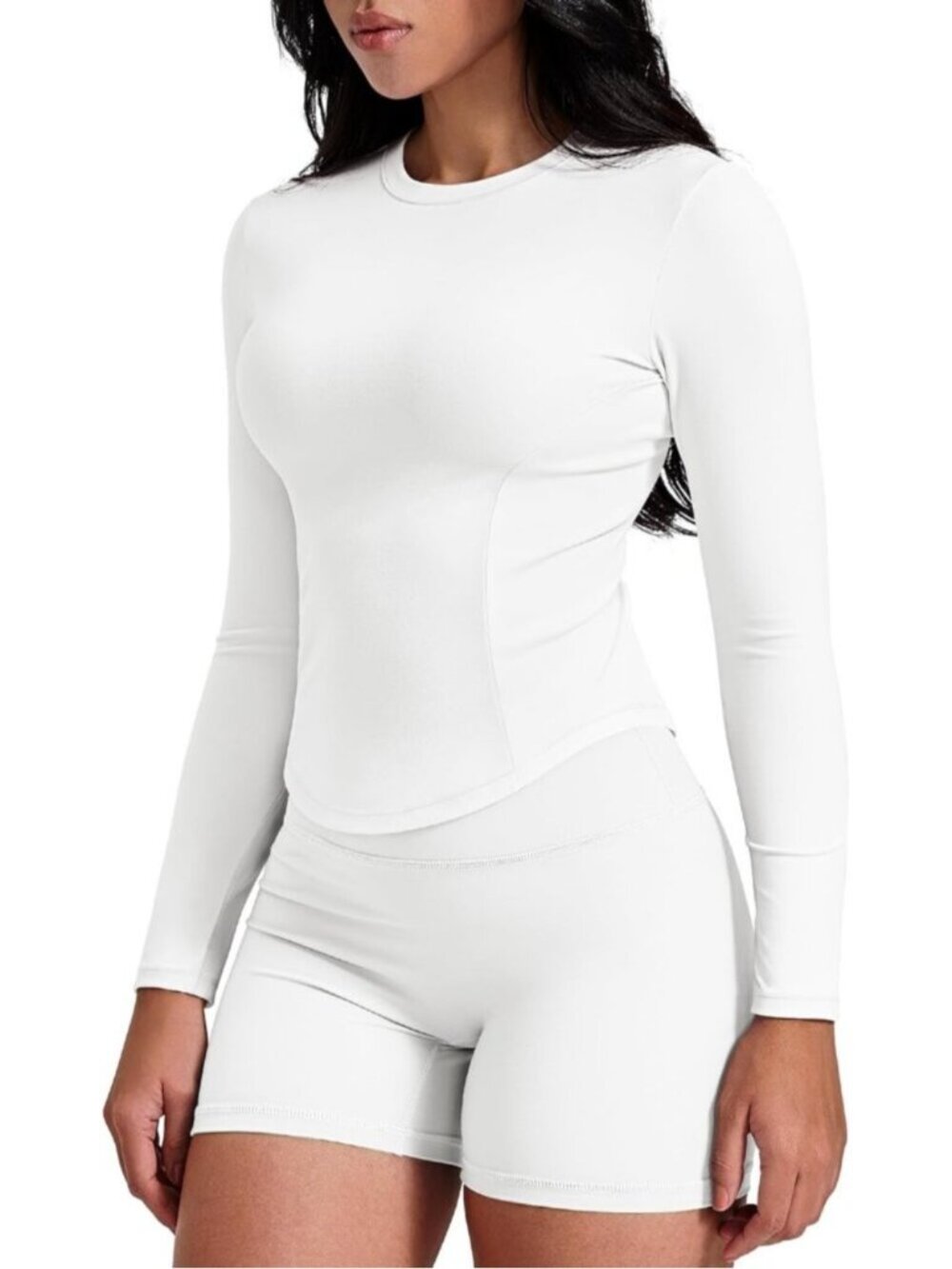 Women White Long Sleeve Workout Shirts Cropped Athletic Tops Slim Fit Crew Neck